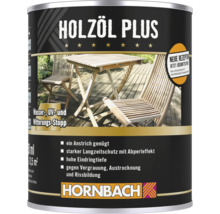 Boîte d'huile pour bois Plus avec illustration de meubles de jardin et logo Hornbach