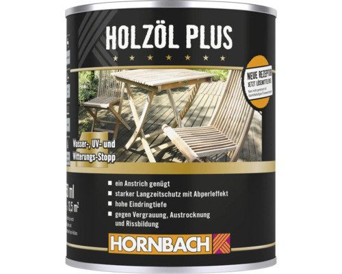 Boîte d'huile pour bois Plus avec illustration de meubles de jardin et logo Hornbach Boîte d'huile pour bois Plus avec illustration de meubles de jardin et logo Hornbach