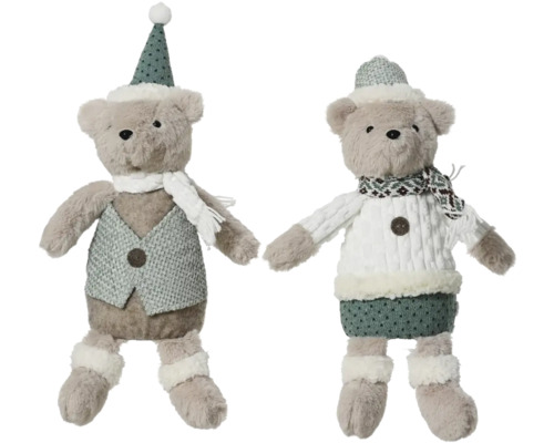 Deux ours en peluche comme animaux en tissu décoratifs avec des vêtements d''hiver