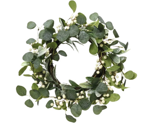 Couronne en plastique Ø 50 cm h 5 cm vert Couronne de porte décorative avec feuilles et baies