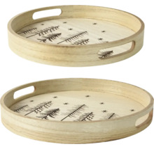 Deux plateaux ronds en bois avec poignées et motif sapin