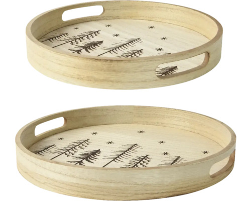 Deux plateaux ronds en bois avec poignées et motif sapin