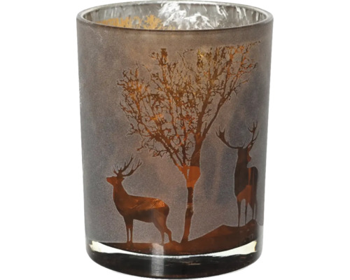 Décoration de Noël support pour bougie de chauffe-plat renne verre Ø 10x12,5 cm marron Photophore avec motif cerf et arbre