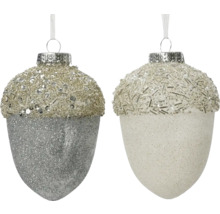 Deux boules de Noël en forme de gland avec une surface scintillante
