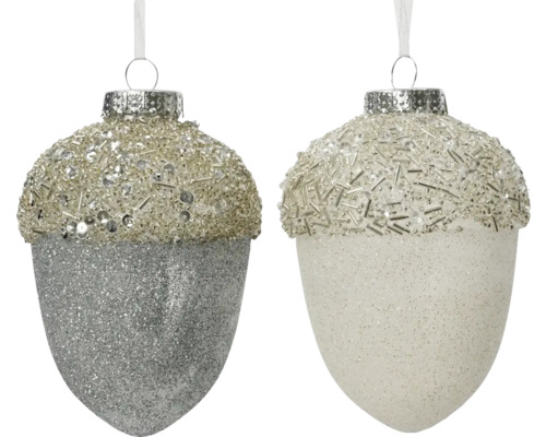 Deux boules de Noël en forme de gland avec une surface scintillante