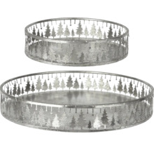 Deux plateaux décoratifs en métal argenté avec motifs de sapins découpés