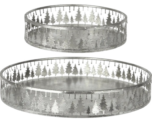 Deux plateaux décoratifs en métal argenté avec motifs de sapins découpés