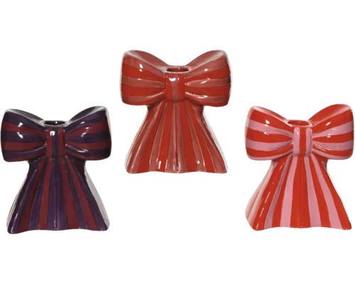 Décoration pour sapin de Noël en grès sélection de motifs et de couleurs aléatoire Trois bougeoirs rayés en forme de nœuds