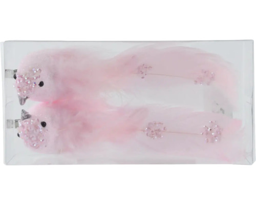 Deux oiseaux décoratifs roses avec des plumes dans un emballage transparent.