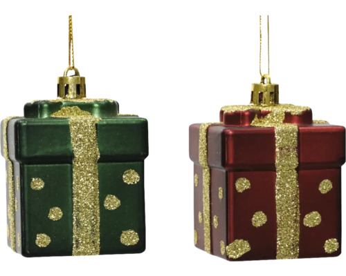 Weihnachtsdeko Geschenk 5 cm Kunststoff zufällige Farbauswahl Zwei Geschenkbox Christbaumkugeln mit Dekorband