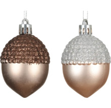 Deux boules de Noël en forme de gland scintillantes avec des suspensions