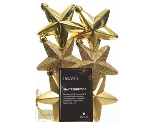 Sechs bruchfeste goldfarbene Sterne als Christbaumschmuck