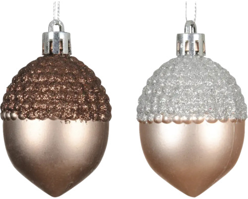 Deux décorations de sapin de Noël scintillantes en forme de gland avec suspension.