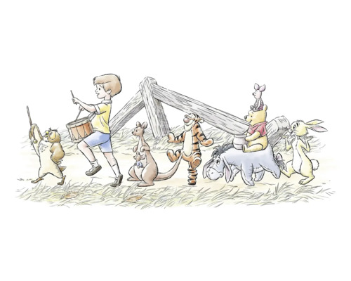 Illustration de Christopher Robin, Winnie l''ourson, Porcinet, Bourriquet, Tigrou, Kanga, Petit Gourou et Hibou en train de marcher.