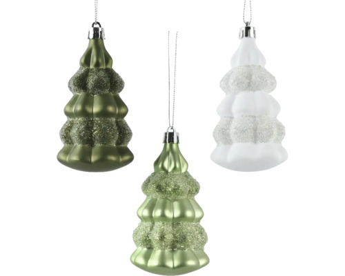 Trois boules de Noël en forme de sapins avec des paillettes