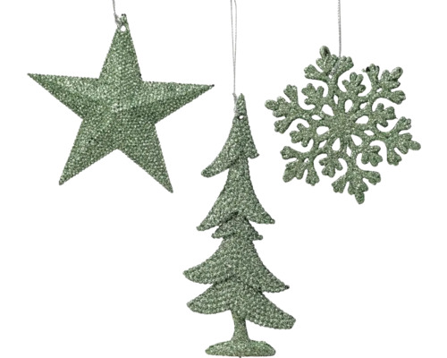 Suspension pour sapin de Noël motifs scintillants 10,5x0,8 cm menthe Ensemble décoratif avec étoile, arbre de Noël et flocon de neige à suspendre