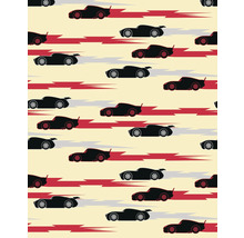 Motif avec des voitures de course stylisées et des lignes de vitesse