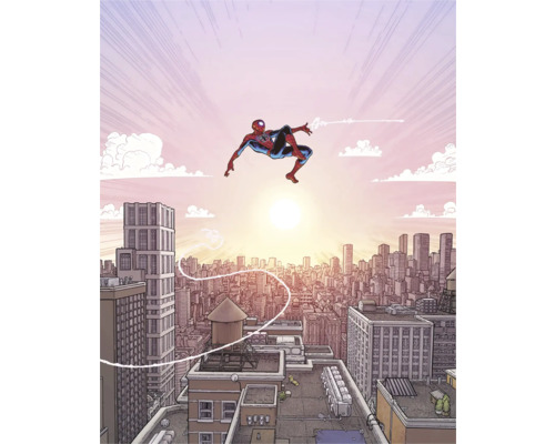Image de bande dessinée de Spider-Man planant devant une silhouette de la ville.