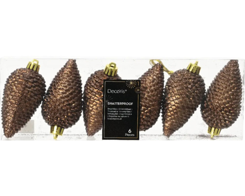 Lot de six boules de Noël incassables en forme de pomme de pin