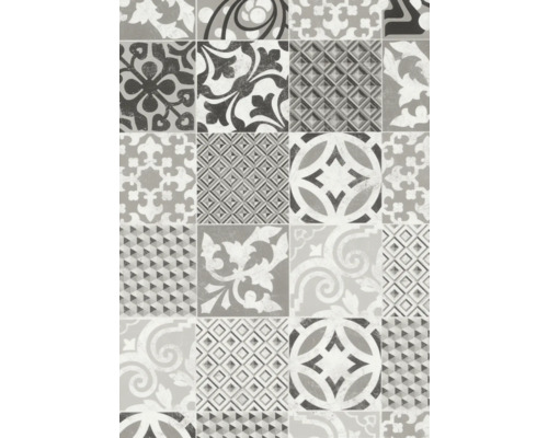 Sol en PVC Balder aspect carrelage provence black & white carrelage 20x20 cm 400 cm de largeur (au mètre) Motif de carreaux avec divers motifs géométriques et floraux