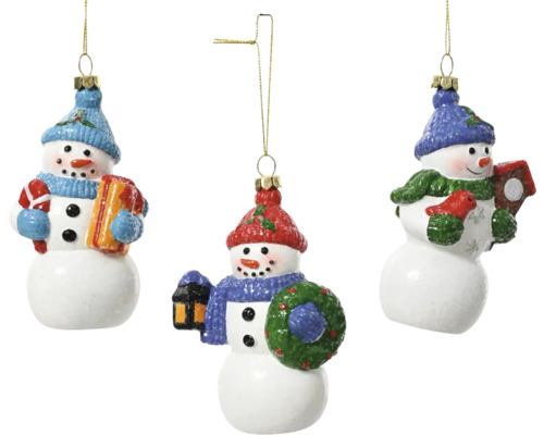 Trois décorations de sapin de Noël bonhomme de neige suspendues