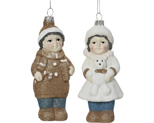 Deux figurines comme décorations de sapin de Noël avec garçon et fille