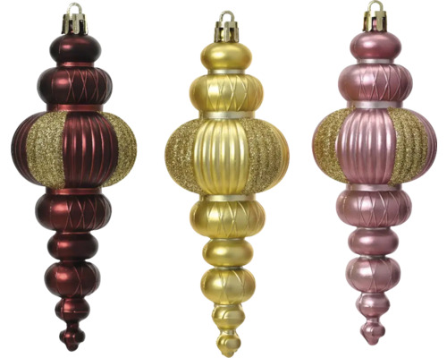 Drei Christbaumkugeln in Tropfenform für die Weihnachtsdekoration