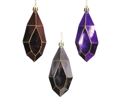 Drei rautenförmige Christbaumkugeln mit glitzernden Verzierungen