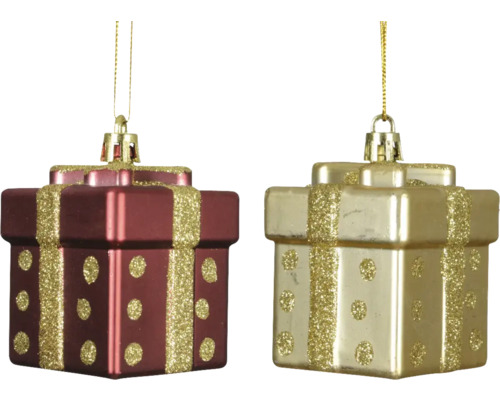 Dekohänger Geschenk aus Kunststoff rot Zwei Geschenkbox Christbaumkugeln mit Glitter