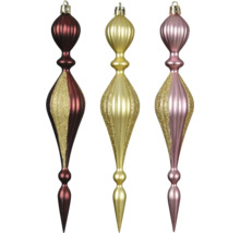 Drei längliche Christbaumkugeln mit Glitzer