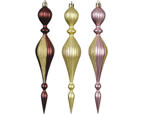 Drei längliche Christbaumkugeln mit Glitzer