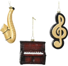 Dekorativer Musikschmuck: Saxophon, Klavier und Notenschlüssel als Christbaumschmuck