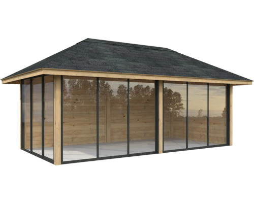 Pavillon de jardin avec cadre en bois, portes coulissantes en verre et toit