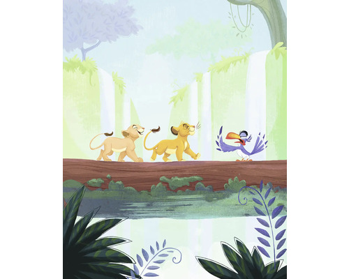 Illustration des personnages du Roi Lion en équilibre sur un tronc d''arbre.