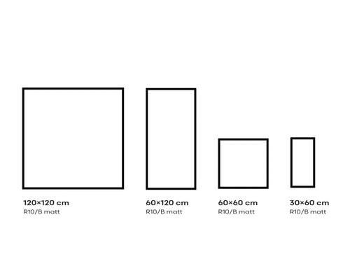 Présentation de différentes tailles de carreaux : 120 x 120 cm, 60 x 120 cm, 60 x 60 cm et 30 x 60 cm, toutes R10/B matt.