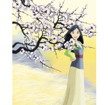 Illustration d''une femme devant un arbre en fleurs.