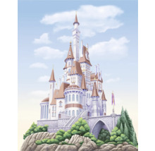 Illustration d''un château sur une colline avec des arbres et une arche en pierre