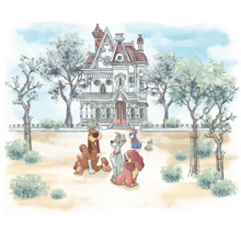 Illustration d''une famille de chiens devant une maison