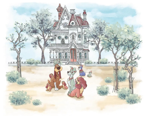 Illustration d''une famille de chiens devant une maison