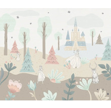 Illustration avec des motifs de la Reine des neiges avec Elsa, Olaf, Sven, des arbres, des fleurs et un château