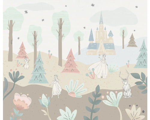 Illustration avec des motifs de la Reine des neiges avec Elsa, Olaf, Sven, des arbres, des fleurs et un château