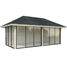 Abri de jardin en bois avec façade en verre et toit en bitume