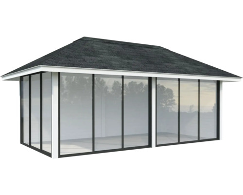 Pavillon couvert avec murs en verre et toit en bardeaux