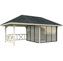 Pavillon de jardin en bois avec toit en bardeaux et paroi en verre