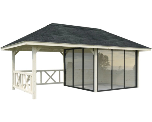 Pavillon de jardin en bois avec toit en bardeaux et paroi en verre