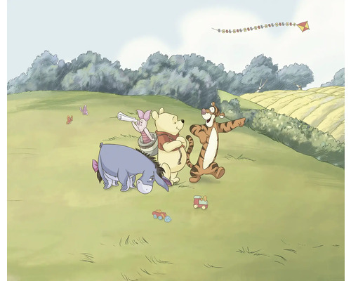Illustration de Winnie l''ourson, Porcinet, Tigrou et Bourriquet dans une prairie avec un cerf-volant dans le ciel.