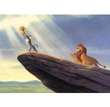 Scène du film Le Roi Lion avec Rafiki, Simba, Mufasa et Sarabi sur un rocher
