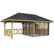 Pavillon de jardin en bois avec parois en verre et toit pointu