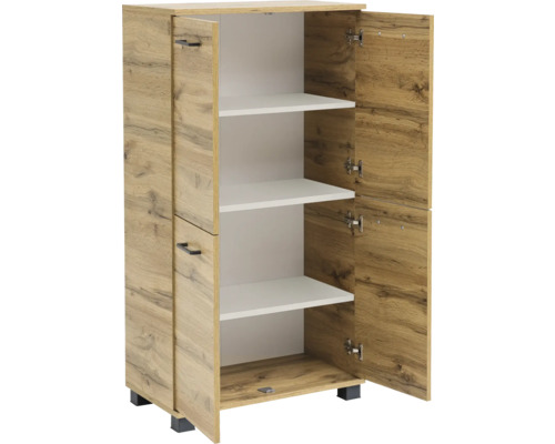 Meuble à chaussures avec portes ouvertes et étagères