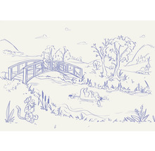 Illustration avec Winnie l''ourson, Porcinet, Bourriquet et Tigrou dans un environnement naturel avec des arbres, des collines et une rivière